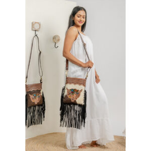 Cowhide Tooling Carving Fringe Bag