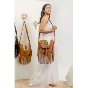 Turquoise Stone Cowhide Fringe Bag